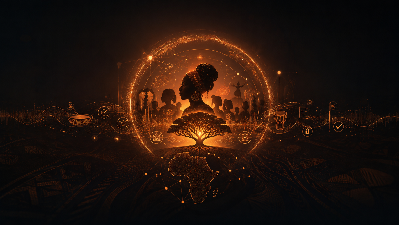 Visual representation of African cultural heritage connected with digital rights, provenance and AI infrastructure.